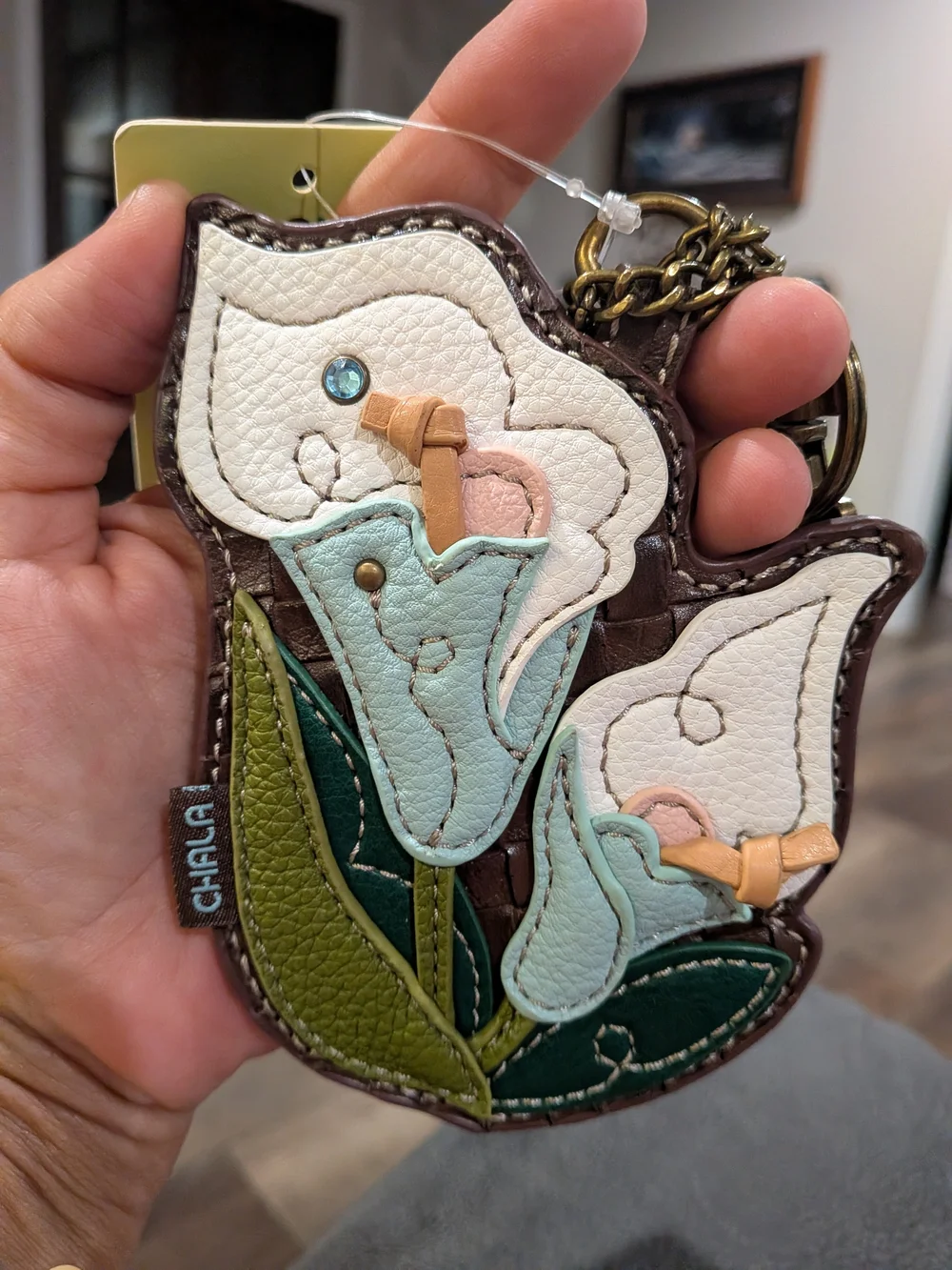 Chala Floral Leather Coin Purse Keychain - Mint, Green, White